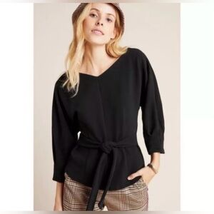Anthropologie Black Ribbed Tie Beltn Dolman Sleeve V-Neck Blouse Black Size XS